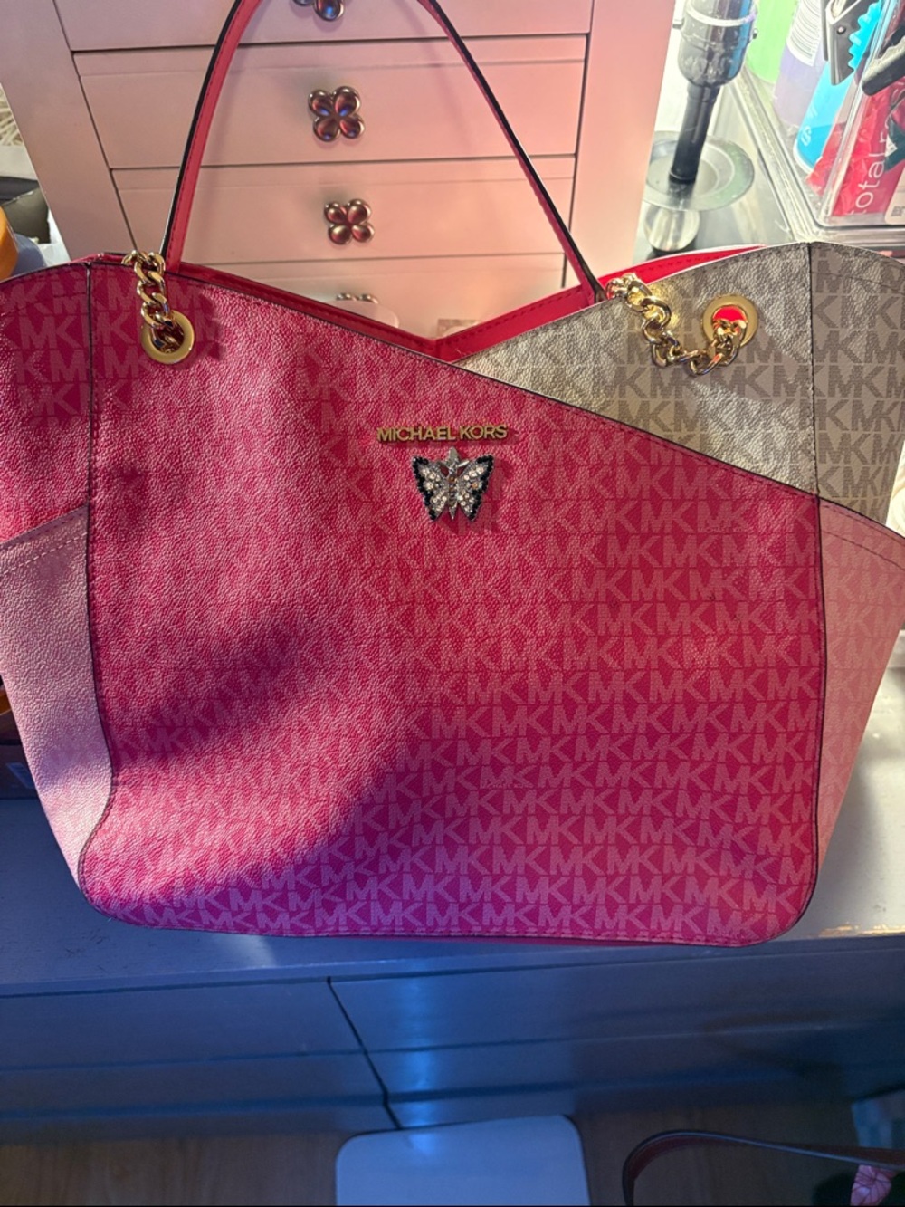 Michael Kors Pink and Beige Colorblock Butterfly Tote